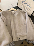 Women Faux Suede Y2K Jacket American Retro O Neck Long Sleeve Casual Coat Retro Casual Harajuku Streetwear Fall Winter Tops