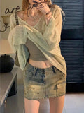 HOUZHOU Vintage Denim Mini Skirt Women Trashy Y2k 2000s Low Waist Sexy Star Rivet Distressed Slim Pencil Skirt Gyaru Streetwear