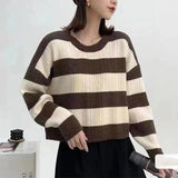 Striped Knit Sweater for Women Long Sleeve Crew Neck Crop Knit Top Pullovers Striped Jumper Teen-girl Fall Winter Vintage Outfit