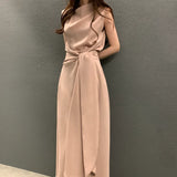Pbong  Temperament Fashion Summer Elegant Pile Collar Sleeveless Tank Dress Women Solid Patchwork Bandage Slim A-line Length Dresses