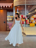 Elegant White High Waist Women's Dress Fashion Square Neck Sleeveless A-line Dresses 2025 New Vocation Beach Party Streetwear