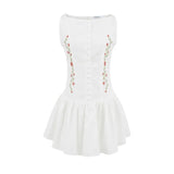 Flower Embroidery White Short Dress 2025 New Single Breasted Slim A-line Pleat Women Dress Sweet Y2K Street Female Clothes