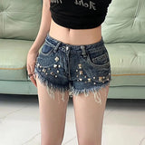 Pbong  Sexy Mini Women's Denim Shorts American Retro Y2K Rivet Decorate Skinny Short Jeans Female Korean Low-Waisted Streetwear Shorts