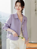 Elegant Slim Purple Jacket Women Sweet Long Sleeve Small Fragrance Coat Casual Fall Winter Lady French Pockets Fashion Tops