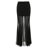 Pbong  Black Mesh Long Skirts Women Transparent Patchwork High Waisted Hip Wrap Skirts Coquette Party Slim Fit Sexy Club Skirt