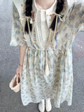 Pbong  Preppy Style Dresses Peter Pan Collar Lace-up Floral Pleated Hollow Out Long Dress Summer Sweet Vestido Fashion Women's Clothing