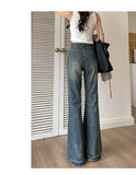 Hong Kong Style Fringe Loose-fit Bootcut Jeans Women's High-waisted Vintage Slimming American Style Bell-bottom Pants