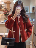 Red Faux Lamb Sweet Coat Women Korean Long Sleeve Winter Warm Jacket Vintage Casual O Neck Elegant Pearls Buttons Cute Tops