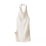 3D Flower Satin Halter-neck Short Dress 2025 New Fashion Beige Slim Sleeveless Dresses Backless Summer Party Dress For Women