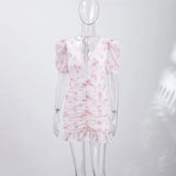 Pbong   Sexy Print Pleated Patchwork Women Dress V-neck Backless Lace Up Button Short Puff Sleeve Female Dresses Summer Lady Robe
