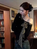 Pbong  Off shoulder Tops Y2k Bow Tied Long sleeve Leopard T Shirt Women Sexy Tight Basic Crop Top Lady Casual Black Tees Korean