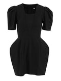 Pbong  Black Square Neck Puff Sleeve Mini Dress Waist Cinched Bubble Skirt Spring Women Elegant Party Gown  Fashion Retio Vestido