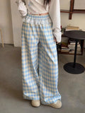 Pbong  Sweet Blue Plaid Pants Women Lace Patchwork High Waist Trousers Korean Fashion Loose Female Spring Elegant Wide Leg Pants