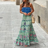 Pbong  Women's Summer Y2K Flowy Boho Vintage Aesthetic Printed Ruffled Hem Tassels Drawstring Waist Flowy A-Line Long Skirts