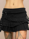 Punk Gothic Black Eyelet Ribbon Denim Skirt Women Low Waist Asymmetrical Tiered Pleated Short Jean Skirts Y2K