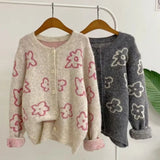 Cute Floral Knitted Cardigan for Women Cozy O-neck Button Front Sweater Jacket Teen-girl Fall Winter Korean Fashion Outfit