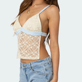 Sheer Lace Open Back Tank Top Contrast Color Backless Tie Up Camis Summer Sleeveless Shirt Fairy Coquette Spaghetti Strap Vest