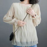 Pbong  Korean All Match Lady Loose Blouses for Women O-neck Flare Sleeve Solid Color Shirts Fashion Pleated Tops