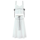 flower embroidery v-neck lace-up tank top and long skirt summer outfits 2pc patchwork white casual vacation beach women set