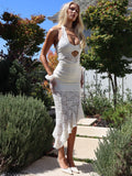 Hollow Out Halter Sexy Maxi Dress Women Gown White Lace Patchwork Sleeveless Backless Ruffled Split Club Long Dress