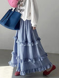 Pbong  Korean Ruffles Plaid Long Skirts Women High Waist Loose Elegant Skirt Vintage Preppy Style Casual Female Sweet Dance Skirt