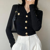 Gold Button Front Knit Cardigan Women Long Sleeve Crop Sweater Jacket Fitted Top Teen-girl Fall Winter Vintage 90s Outfit