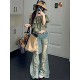 Pbong   Women's Flare Jeans Low Rise Stretch Ripped Denim Pants Japanese Harajuku Abi Y2k American Retro Punk Grunge Bootcut Jean