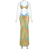 Summer Sexy Print 3 Pics Dress Set Women Pleated Bra + Low Waist Print Long Skirt Suit Female Summer Vacation Beachwear Suits