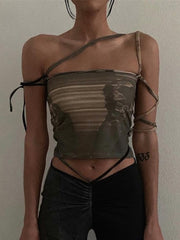 Punk Gothic Camis Grunge Lace Up Off Shoulder Women Crop Tops Hip Hop Bodycon Sleeveless Vintage Print 90s Streetwear