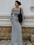 Off-Shoulder Knit Long Dress Women High Waist Slim Elegant Fashion Pleated Maxi Dress Long Sleeve Backless Knitwear Dress