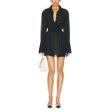 Pbong  Women Summer Sexy Solid Color See-through Long Sleeve Turn-Down Collar Pleated Waist Ruffled A-line Short Shirt Dress