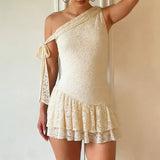 French Elegant Sweet Lrregular Off The Shoulder Dress Y2k Exquisite Lace Slim Fit Summer Short Dress Harajuku Punk Clothes