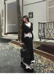 Gothic Harajuku Patchwork Lace V Neck Long Sleeve Tops Slim Fit Temperament Mermaid Long Skirts Y2k Vintage Girl Two Piece Sets