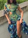 Pbong  Sexy Print Hollow Out Women's Dress Pleated Patchwork Hip Package Sleeveless Female Dresses Summer Party Lady Robe New