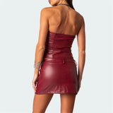 Pbong  Summer 2 Piece Set Women Outfit Solid Color PU Leather Off Shoulder Tube Top and Short Skirt Party Suit Streetwear