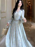 Women Elegant Blue Tie-Dye Dress  Autumn Fairy V-Neck Long Dress French Party Prom Evening Clothing New Holiday Outfits Vestidos