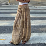 Pbong  Elastic Waist Wide Leg Pants Flowy PalazzoLow-waisted Summer Fashion Casual Women Pants Versatile Bohemian Lady Bottoms