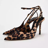 Pbong  New Summer Pointed Toe High Heel Sandals Leopard Print Fashion Party Dress Shoes for Women Ladies Singbacks