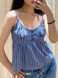 Casual Women Fashion Blue Front Buttons Plaid Printed Camis Summer Vintage Sleeveless Female Chic Tops