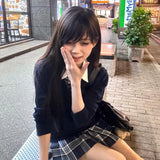 Pbong  Basic Pure Color Knitted Long Sleeve V-Neck Women's Vest Jk Uniform College Style Layering Top Autumn Fashion Casual Set