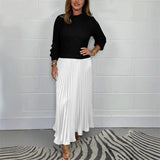 Pbong  Autumn Winter Elegant Patchwork Knitted Sweater Long Dresses Office Ladies O Neck Long Sleeve Mid Waist Pleated Knitting Dresses