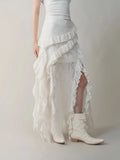 Deeptown Gothic Black Y2k Skirts Women Gyaru 2000s Lace Irregular Long White Skirt Streetwear Irregular Ruffle Skirts Aesthetic