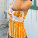 American Spce Girl Lace Edge Style Tank Tops Y2k Aesthetic Constrast Color Striped Punk Camisole Harajuku Slim Waist A-line Tees