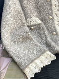 Faux Mink Cashmere Gray Cardigan Women Lace Patchwork Long Sleeve Elegant Knitted Sweaters Vintage Korean Casual Pockets Tops