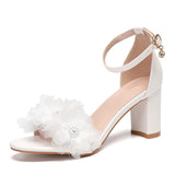 Pbong  Fashion Summer Lace Flowers Pearls Ankle Strap Women Sandals Big Size 35-43 Thick High heels Sweet Girls Party Prom Shoes