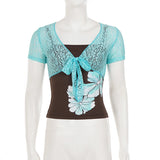 Pbong  Women's Chic Summer Lace Crop Top Light Blue Overlay Tie-Front Design Short Sleeve Two Pieces Design And Stylish Layered Looks