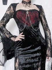 Goth Dark Elegant Mall Gothic Women Evening Dresses Grunge Aesthetic E-girl Velvet Midi Dress Lace Splice Sexy Split Alt Outfits