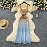 Women Dress New Europe Fashion Multicolor Spaghetti Straps Knitted Party Dress Vacation Style Lady Beach Vestidos
