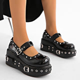 Women‘s Plus Size 35-42 Mary Jane Shoes Platform T-Strap Pumps Studded Black Leather Casual Flats Cosplayer Punk Style Shoes