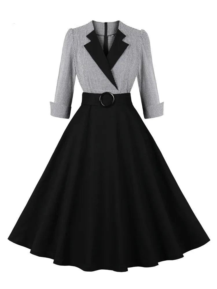 Plaid and Black Elegant Ladies Rockabilly Cotton Dresses Notched Collar 3/4 Sleeve Autumn Winter Women Vintage Dress